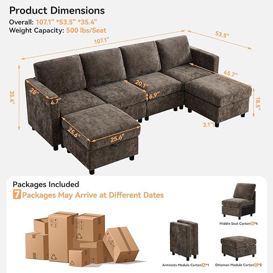 107'' Modular Sectional Sofa Convertible U Shaped Sofa Couch Set with Storage for Living Room, Modern 6 Seater Modular Sectional Couch with Movable Ottoman, Chenille Brown