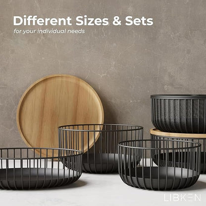 Fruit Basket - Scandinavian Minimal Design - Metal Steel Wire Decor Basket with Removable Tray for Easy Cleaning - Round Basket Bowl for Kitchen Counter - 25cm - Black - Set of 1
