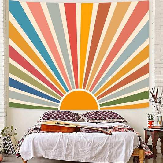 Kanuyee Boho Burning Sun Tapestry Wall Hanging, Retro 70s Abstract Vintage Geometric Rainbow Sunrise Tapestries for Bedroom Living Room Backdrop 36×48 inch