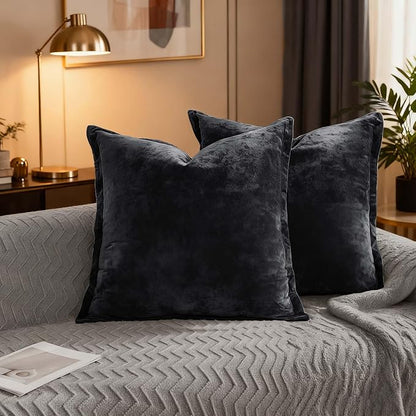 Velvet Pillow Covers 2 Pack Soft 26x26 Pillow Covers Solid Square Euro Shams Decorative Couch Pillow Cases with Wide Border for Sofa Bed Home Decor,Black