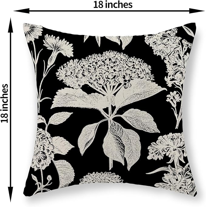 Black Pillow Covers 18x18 Inch Set of 2 Vintage Boho Floral Hydrangea Herbs Botanical Throw Pillows Outdoor Flower Decoration Pillowcase Linen Farmhouse Cushion Case Decorative for Couch Sofa