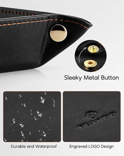 Vlando Valet Tray for Men Women, Nightstand Organizer Vanity Catchall Holder for Dresser Desk Storage Bedside, Travel PU Leather Jewelry Key Bowl Coin Watches and Candy Entryway Tray - Large, Black