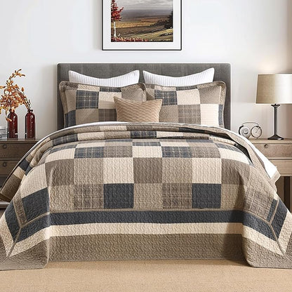 100% Cotton 120"x120" Oversized Quilt Bedspread, Plaid Pattern California King Extra Large Quilt Bedding Set, Reversible Cal King XL Bed Spread Lightweight Comforter, Brown/Beige/Cream, 3Pcs