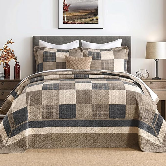 100% Cotton 120"x102" Oversized Quilt Bedspread, Plaid Pattern Oversized Queen Extra Large Quilt Bedding Set, Reversible XL Bed Spread Lightweight Comforter, Brown/Beige/Cream, 3Pcs