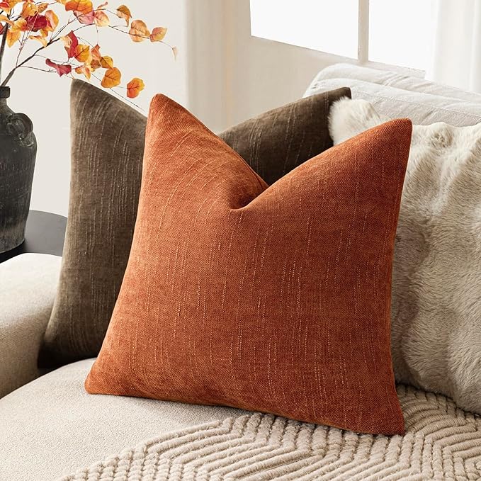 Foindtower Pack of 2 Soft Textured Chenille Throw Decorative Pillow Covers Square Accent Solid Cushion Cover Cozy Neutral Farmhouse Pillow Case for Couch Sofa Bedroom Living Room 18x18 Inch,Orange
