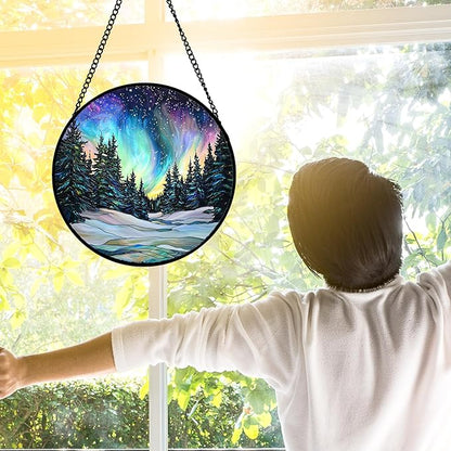 DASTOLL Stained Glass Window Hanging, Aurora Landscape Sun Catchers Glass Panel Green Trees Suncatcher Decor for Birthday for Women, Men, Wife, Aunt, and Mom 9.8 in