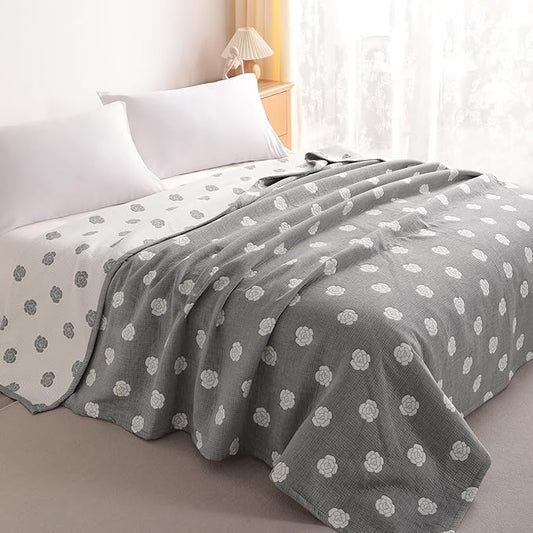 NTBAY 3 Layers Cotton Muslin 88x92 Queen Bed Blanket, Super Soft Breathable Thermal Yarn Dyed Quilt for Adults, Perfect Lightweight Blanket for Couch Sofa Bed All Seasons, Grey Rose
