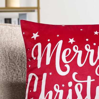 PAVILIA Holiday Throw Pillow Covers 20x20 Set of 2, Decorative Pillow Cases Bed Sofa Couch, Winter Accent Decor Cushion Bedroom Living Room, Velvet Square Euro Sham Covers, Merry Christmas Text Red