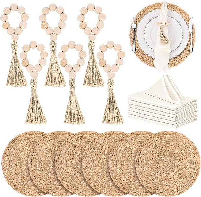 18 Pcs Boho Woven Placemats, Wood Bead Napkin Rings, and Dinner Cloth Napkins Set, 13" Handmade Round Wicker Farmhouse Rustic Placemats, Rattan Chargers for Dinner Plates for Thanksgiving Table Decor