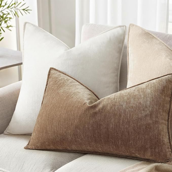 decorUhome Spring Couch Throw Pillow Covers 12x20 Set of 2, Decorative Soft Velvet Neutral Chenille Lumbar Pillow Covers with Elegant Design for Sofa Bed Living Room Home Decor, Brown