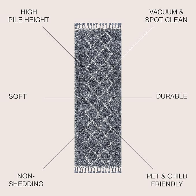 JONATHAN Y Mercer Shag Plush Tassel Denim Blue/Cream Runner Rug, 2x8, Moroccan Geometric Trellis, Bohemian, Easy-Cleaning for Living Room, Bedroom, Kitchen, Non-Shedding (MCR103A-28)
