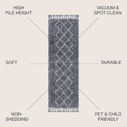 JONATHAN Y Mercer Shag Plush Tassel Denim Blue/Cream Runner Rug, 2x8, Moroccan Geometric Trellis, Bohemian, Easy-Cleaning for Living Room, Bedroom, Kitchen, Non-Shedding (MCR103A-28)