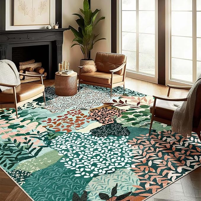 DEXDE Washable Area Rugs 6x9 for Living Room, Floral Large Rug Boho Print Vintage Low Pile Non Slip Carpet for Bedroom Kids Room Nursery Office Dinning Room, Dark Green