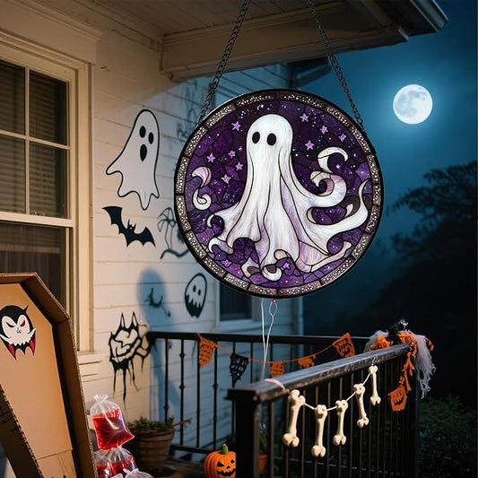 DASTOLL Stained Glass Window Hanging - Halloween Decorations White Ghost Purple Stars Suncatcher for Doors Garden Spooky Funny Sun Catchers Gothic Decor Horror Gifts for Women Men Friend 11.8 in