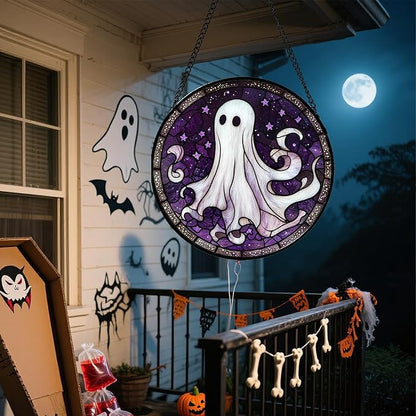 DASTOLL Stained Glass Window Hanging - Halloween Decorations White Ghost Purple Stars Suncatcher for Doors Garden Spooky Funny Sun Catchers Gothic Decor Horror Gifts for Women Men Friend 6.3 in