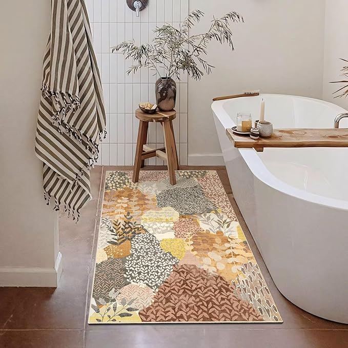DEXDE 2x3 Area Rug Fall Tropical Small Rugs Entryway Doormat, Indoor Forest Washable Non-Slip Abstract Colorful Leaves Floral Floor Carpet for Living Room, Bedroom, Office, Kids Playroom,Camel