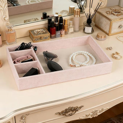 Desktop Storage Organizer, Nightstand or Dresser Organizer, Valet Tray, Entry Table Organizer, 4 Compartments,PU Leather Drawer Storage Organizer Decorative Trays. (Pearl White—2)