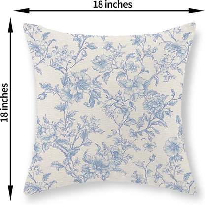 Baby Blue Pillow Covers 18x18 Set of 2 Blue and Cream Floral Chinoiserie Throw Pillows Vintage Rustic Toile Flower Decorative Pillowcase Outdoor Chinoiserie Decor Cushion Case for Couch Sofa