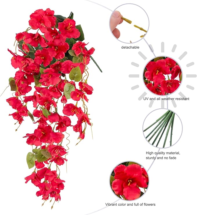 Fake Hibiscus Artificial Hanging Flowers Plants for Outdoors Spring Decoration, 2pcs Silk Hibiscus Vines Realistic UV Resistant Red Faux Flowers for Outside Planter Porch Patio Yard Home Wedding Party