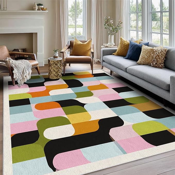 Mid Century Rug 5x7 Retro Abstract Geometric Pattern, Washable Living Room Bedroom Area Rugs, Mid Century Decor for Home, Soft Non Slip Indoor Carpet, Low Pile Design & G841