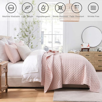 HORIMOTE HOME Quilt Queen Size Light Pink, Lightweight Quilts for Summer Ultra-Soft Microfiber Modern Style Quilted Clouds Pattern Bedspread Quit Set 3 Pieces(1 Quilt and 2 Pillow Shams)