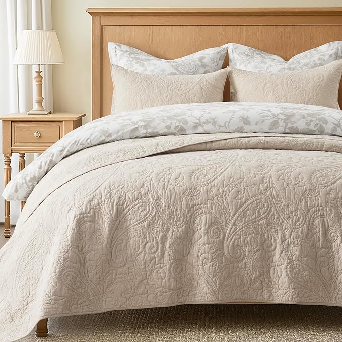 EVERGRACE 100% Cotton Paisley Quilt Set, King Size 3 Piece Set – Prewashed Lightweight Bedspread with 2 Shams, Soft & Breathable Matelasse Coverlet for All-Season Comfort, Flax Beige