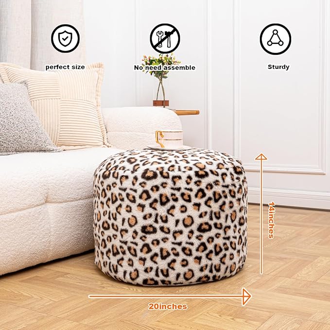 Round Pouf Ottoman 20 x 20 x 14 Inches Boho Poof Home Decor Floor Pouffe Ottoman Foot Rest for Couch Sofa Bean Bag Chairs Living Room Bedroom (Leopard Print)