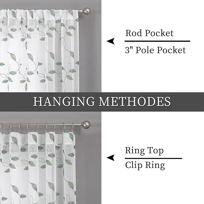 Tollpiz Sage Green Leaf Sheer Tier Curtain Leaves Embroidered Kitchen Curtains Rod Pocket Voile Bathroom Window Treatment for Cafe, 30 x 36 inches Long, Set of 2 Panels