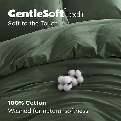 Bedsure 100% Washed Cotton Duvet Cover King Size - Olive Green Minimalist Cotton Duvet Cover Linen Like for All Seasons - GentleSoft™ Plain Simple Bedding (Olive Green, King, 104"x90")