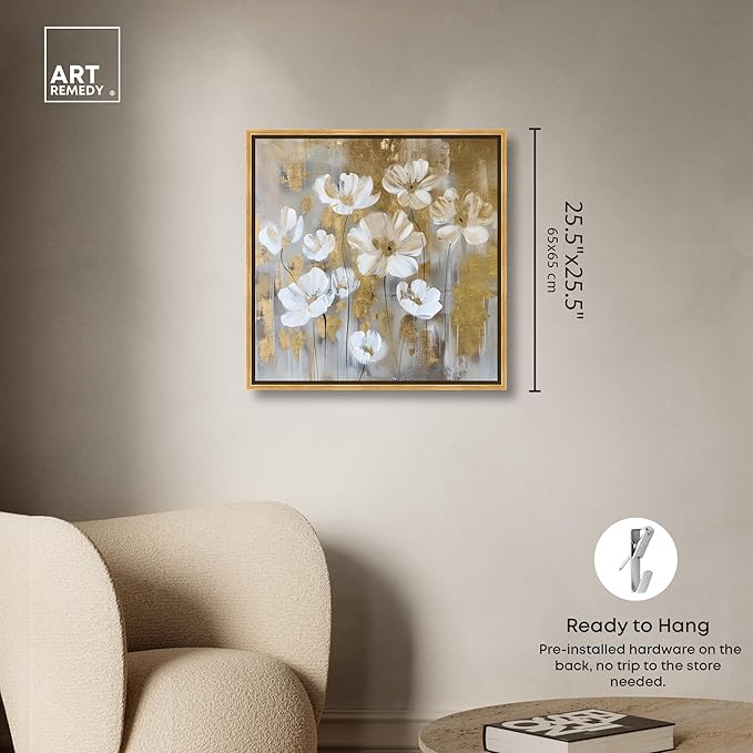 Art Remedy Golden Daisies Canvas Elegant White Gold Wall Art, Gold Frame, 24" x 24"