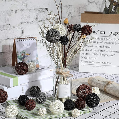 Patelai 36 Pcs Wicker Rattan Balls Decorative Balls for Vase Centerpiece Bowls Orbs Filler for Home Decor,4 Sizes(White, Dark Gray, Brown, Black)