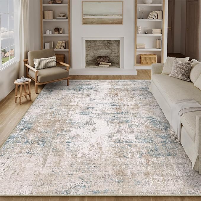8x10 Washable Area Rug Beige Blue Abstract Living Room Bedroom Carpet Neutral Modern Non Slip Soft Low Pile Large Throw Rug for Dining Room Kitchen Office