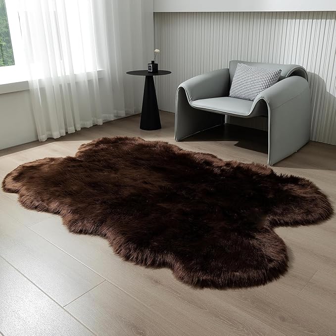 Fluffy Faux Fur Rug Coffee Sheepskin Area Rug,4x6 Ft Ultra Soft Shaggy Plush Rug for Bedroom Bedside Living Room Nursery Kids Room