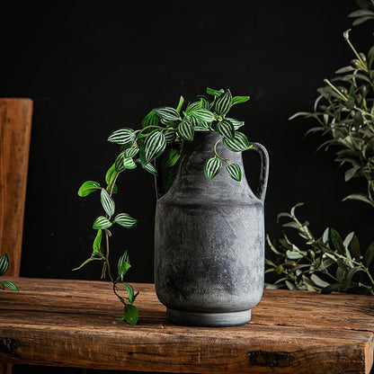 Ceramic Flower Vase with Handles,11 inch Farmhouse Vase,Rustic Vintage Terracotta Vases for Home Decor,Living Room,Kitchen Shelf,Table,Fireplace,Holiday & Weddings Centerpiece (Black-L-1622)