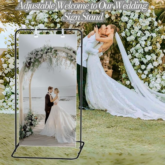 Wedding Sign Holder,Adjustable Welcome to Our Wedding Sign Stand with 2 Pack Leather Hanging Straps Heavy Duty Easel Rack Seating Chart Metal Stand for Birthday Party Baby Shower Graduation Ceremony Decoration,Black