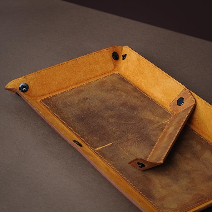 Handmade Leather Catch All Tray and Organizer for Keys, Phones, Jewels, Coins, Rectangular, Deep Black