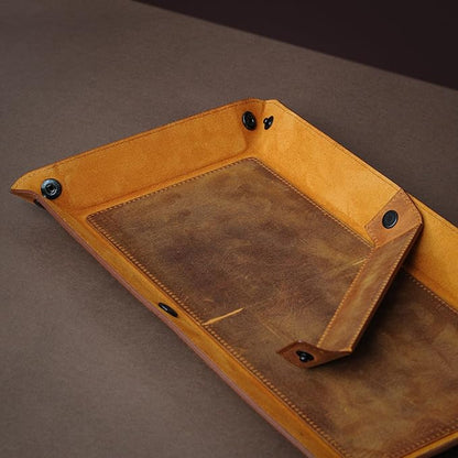 Handmade Leather Catch All Tray and Organizer for Keys, Phones, Jewels, Coins, Rectangular, Deep Black