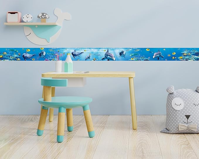 FLFK Peel and Stick Wallpaper Border Wall Decals for Kids Room - Under The Sea Fish Stickers Murals, 6" x 240" (Blue)