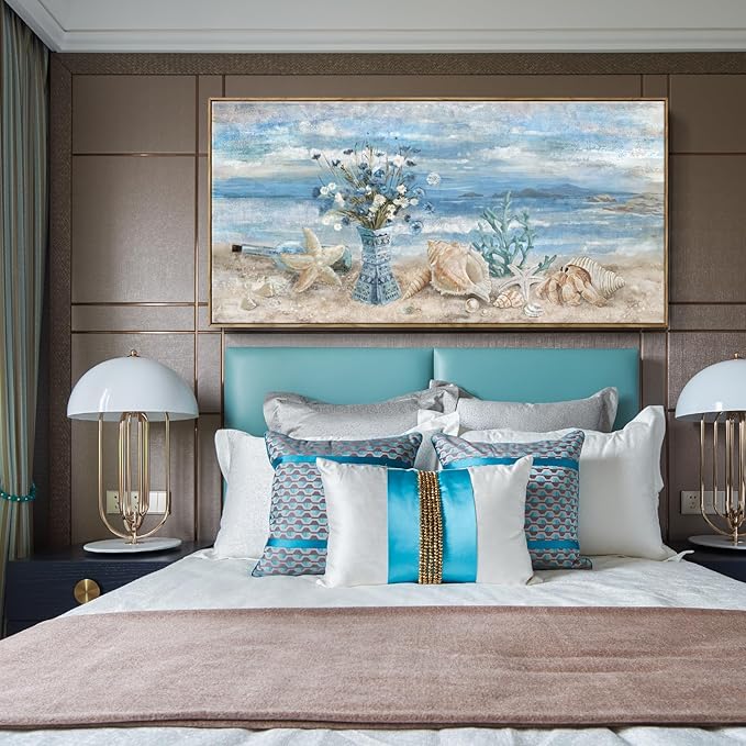 Large Canvas Framed Wall Art for Bedroom Blue Ocean Theme Seaside Home Decor Flower in Indian Vase Beach Picture Coastal Landscape Abstract Seascape Artwork Sea View Painting Print 60" W x 30" H