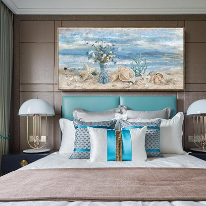 Large Canvas Framed Wall Art for Bedroom Blue Ocean Theme Seaside Home Decor Flower in Indian Vase Beach Picture Coastal Landscape Abstract Seascape Artwork Sea View Painting Print 60" W x 30" H