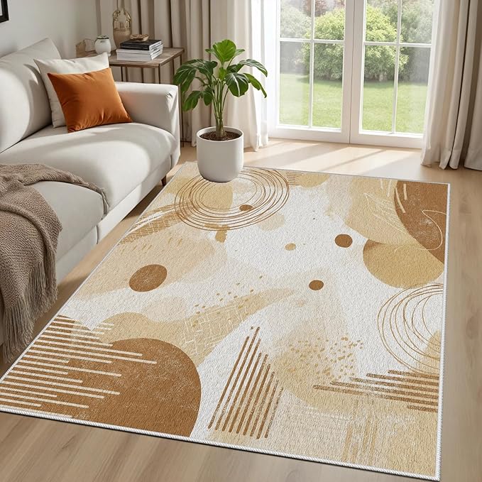 Minimalist Abstract Area Rug 5x8 Beige Boho, Modern Washable Geometric Art Carpet, Soft Non-Slip Low-Pile Carpet for Living Room, Bedroom, Kitchen, Dining Room, Pet Friendly, Non-Shedding, Brown