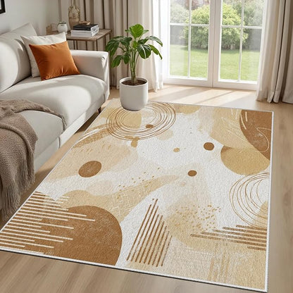 Minimalist Abstract Area Rug 5x8 Beige Boho, Modern Washable Geometric Art Carpet, Soft Non-Slip Low-Pile Carpet for Living Room, Bedroom, Kitchen, Dining Room, Pet Friendly, Non-Shedding, Brown