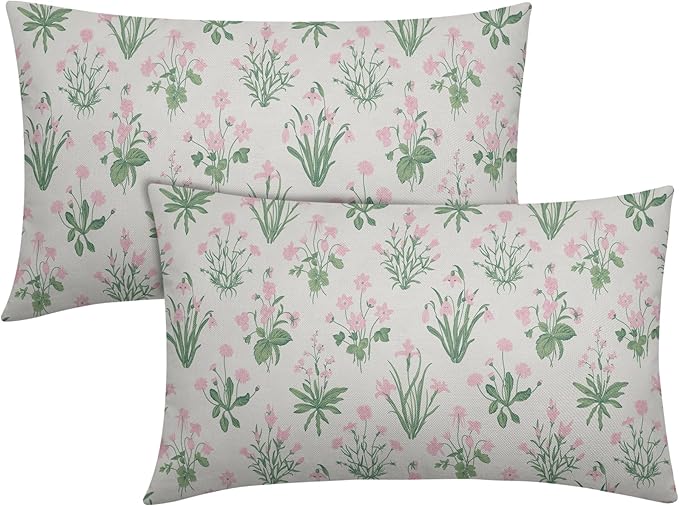 Pink Green Block Print Pillow Covers 12x20 Set of 2 Decorations Vintage Floral Throw Pillow Covers Decor Rustic Pillowcases Flower Pattern Farmhouse Soft Cozy for Sofa Bed Chair Home Decorative