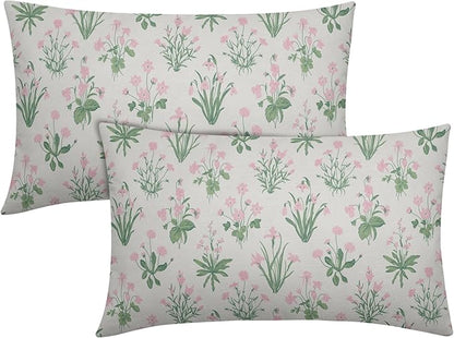 Pink Green Block Print Pillow Covers 12x20 Set of 2 Decorations Vintage Floral Throw Pillow Covers Decor Rustic Pillowcases Flower Pattern Farmhouse Soft Cozy for Sofa Bed Chair Home Decorative
