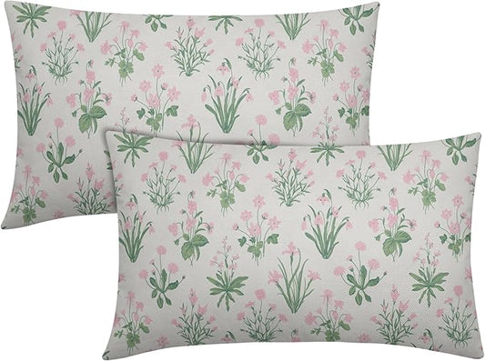 Pink Green Block Print Pillow Covers 12x20 Set of 2 Decorations Vintage Floral Throw Pillow Covers Decor Rustic Pillowcases Flower Pattern Farmhouse Soft Cozy for Sofa Bed Chair Home Decorative