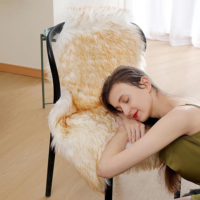 Faux Fur Rug Sheepskin Shag Fluffy Fuzzy 2x3 ft Small Rugs for Bedroom Bedside Bed Floor Living Room Plush High-Density Cushion Carpet Super Sofa Cover White and Yellow