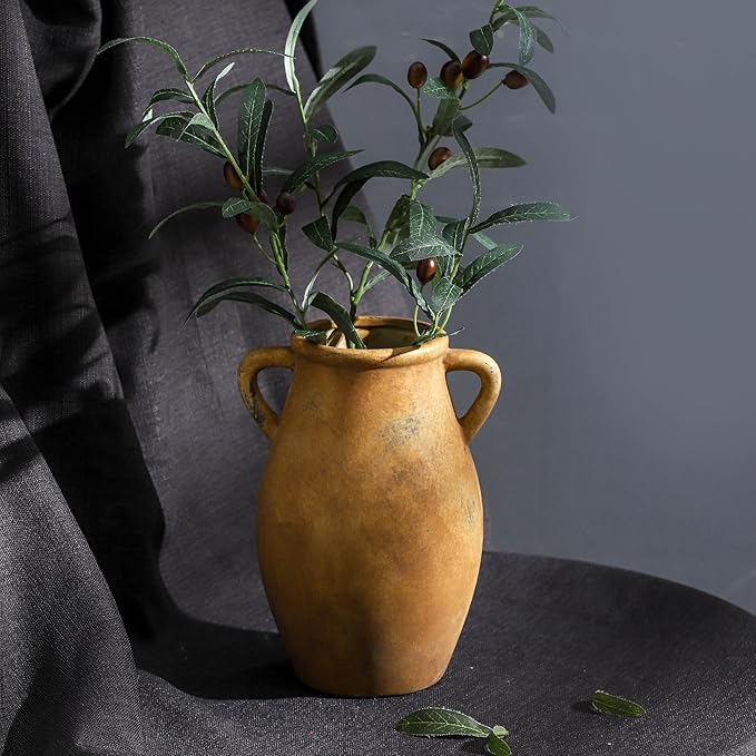 Ceramic Rustic Vase, Vintage Flower Vase with Handle, 9 inch Farmhouse Pottery Flower Vase for Home Decor, Living Room Shelf Decor, Enterway, Table