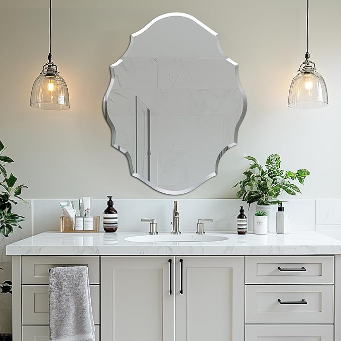 Frameless Scalloped Wall Mirror: Decorative Scallop Oval Mirrored Glass Vanity with Beveled Silver Edge for Bathroom Bedroom Livingroom Dining Room Entryway Hallway, 28 x 22 inch