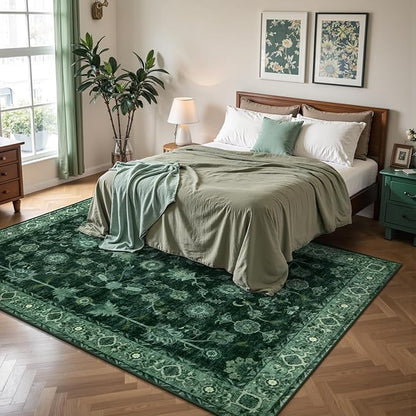 Tangsoo 4x6 Washable Area Rugs Non Slip, Boho Distressed Vintage Green Floral Throw Rug for Bedroom Nursery, Low Pile Floor Carpet Indoor Mat for Entrance Kitchen Office Nature Forest Farmhouse Decor