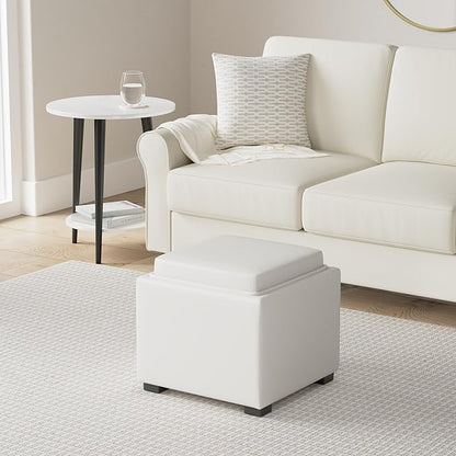 CHITA Storage Ottoman Cube with Tray Lid, Small Footstool with Storage, Square End Table for Living Room and Bedroom, Faux Leather in Light Gray
